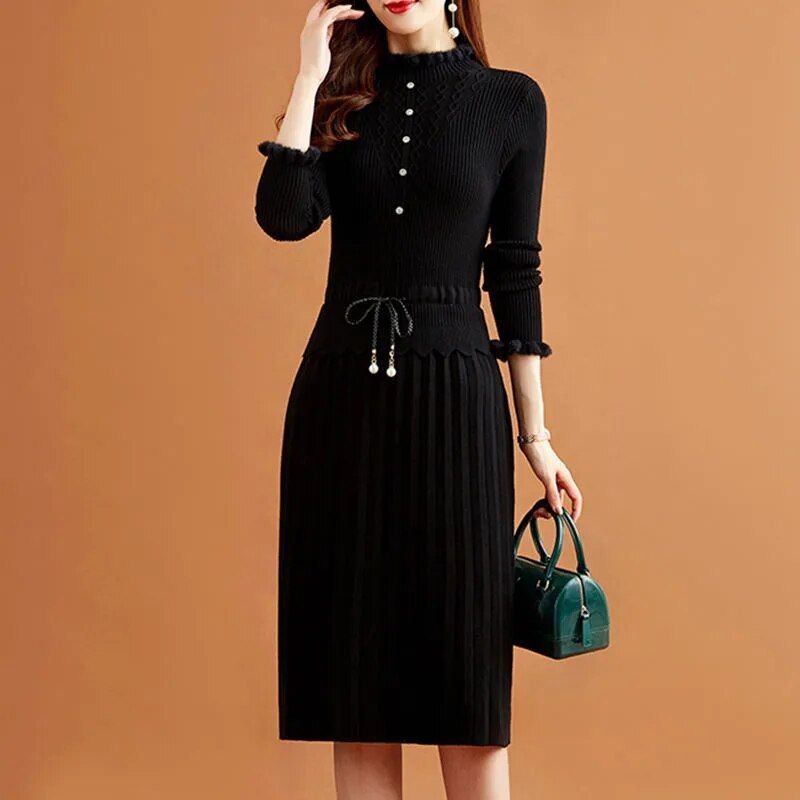 Casual Fake Two Pieces Pleated Knitted Dress Women Vintage Long Sleeve Bottoming Sweater Dresses Fall Elegant Slim Midi Vestidos