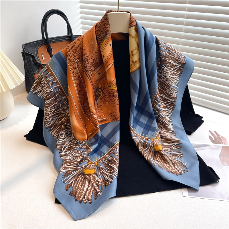 Fashion Print Printing Twill Silk Square Scarf for Women Hijab Muslim Headband Bandana Summer Shawl Beach Stoles Echarpe