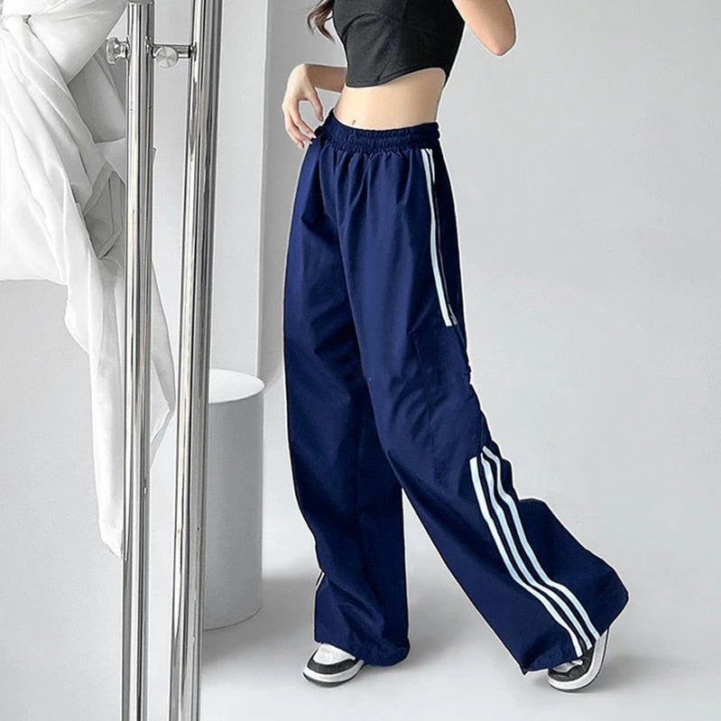 MEXZT Striped Sweatpants Women Hip Hop Streetwear Baggy Wide Leg Cargo Pants Bf Y2K High Waist Drawstring Joggers Trousers Navy Blue