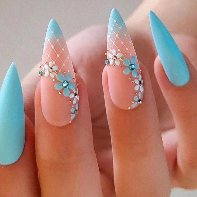 Long Stiletto False Nails Black Edge French Gold Thread Black Rhinestones Design Wearable Fake Nails Press On Nails Manicure Tip a5