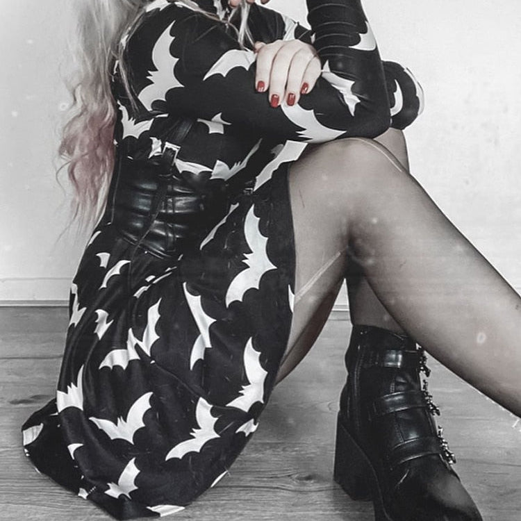 Gothic Black Bat Printed Dress Tutleneck for Women Long Sleeve Spring Fall Punk Vestidos Party Outfits Soft Clothes