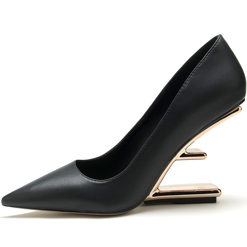 Metal High Heels Women Shoes Strange Style Pumps Women Pointed Toe Buckle Party Dress Shoes Women Fashion Zapatos De Mujer Black 02