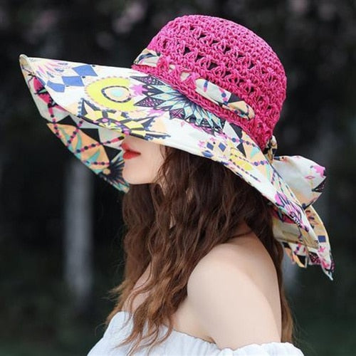 seaside hat summer beach hat female visor hat fashion fisherman's hat sunscreen sun hat anti-UV straw hats for women Rose red One size 56-58cm