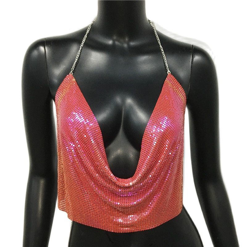 Women Sexy Metal Sequined Tank Camis Summer Gold Silver Backless Cropped Glitter Beach Club Show Wear Tank Tops colorful red 25 cm One Size