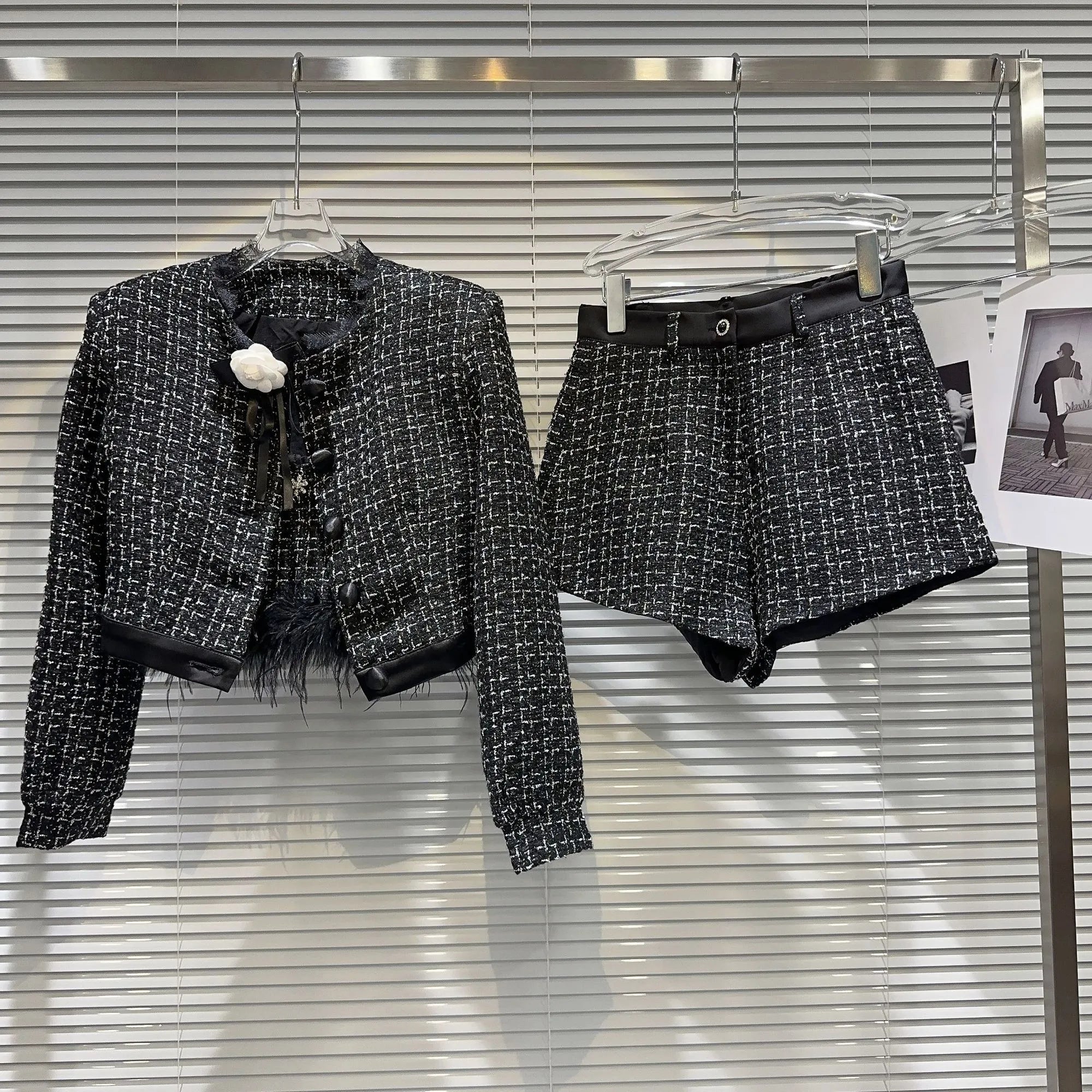 PREPOMP Autumn New Arrival Feathers Camisole Floral Pin Plaid Jacket Slim Shorts Three Piece Set Outfits Women GL610