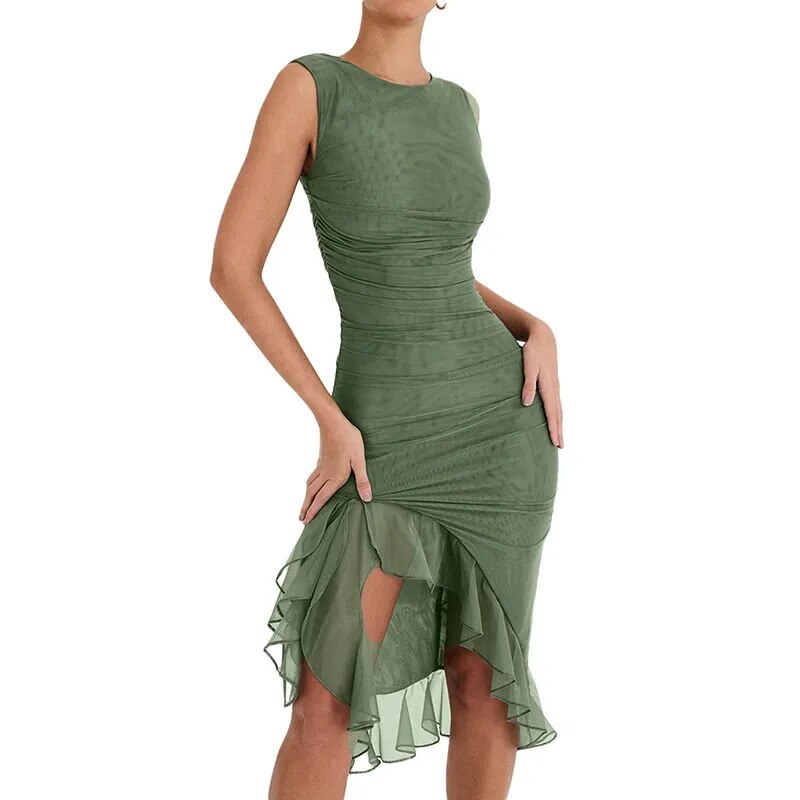 Women Sleeveless Bodycon Dress Solid Color Backless Mesh Ruffled Party Dress for Club Streetwear