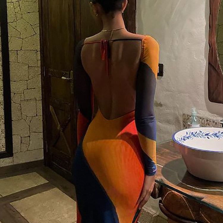 Sexy Backless Maxi Dress Fashion Print Long Sleeve Bodycon Party Dress Beach Outfits New Summer Evening Club Dress