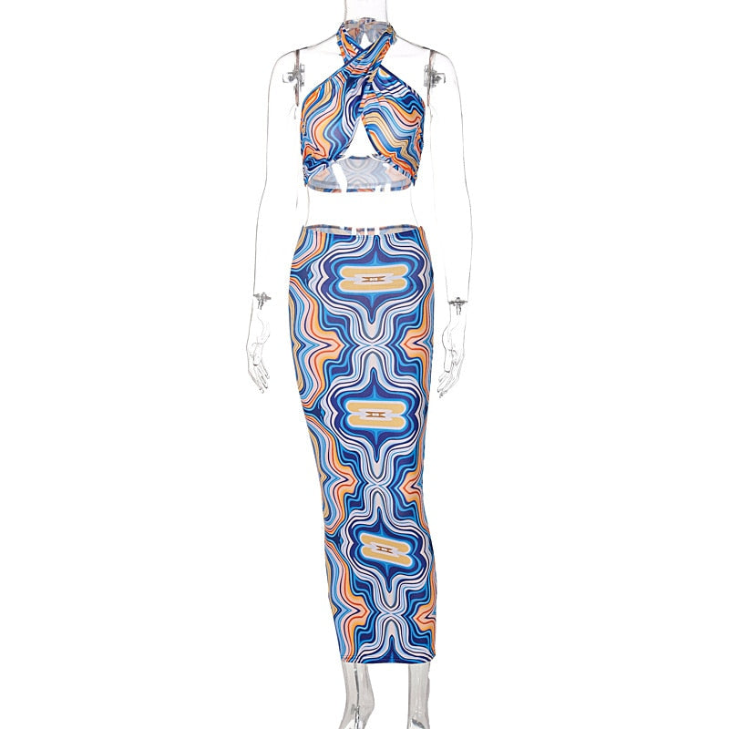 Marble Print Summer Beach Outfits For Women Halter Crop Top And Skirt Two Piece Set Sexy Vacation Outfits Bodycon Midi Skirt