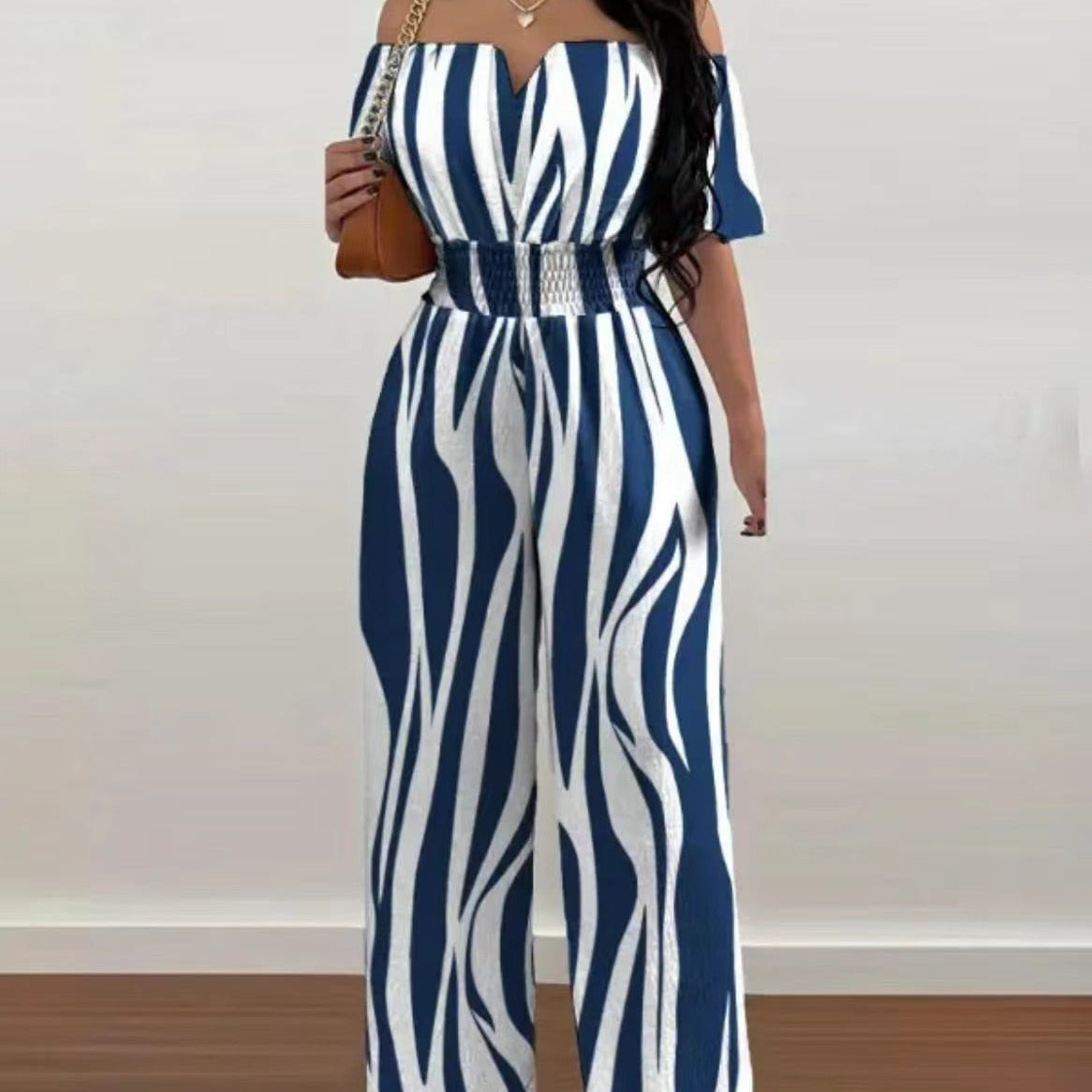Summer Fashion Printed Wide Leg Jumpsuit Women Sexy Beach Style Off-shoulder High Waist Jumpsuit Womem 3