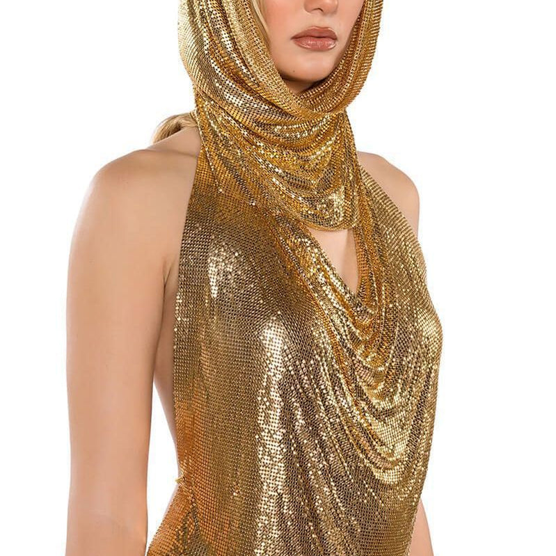 Women Metal Sequins Tank Top With Turban 2 Piece Sexy V Neck Backless Suspender Top Rave Festival Party Nightclub Camisole