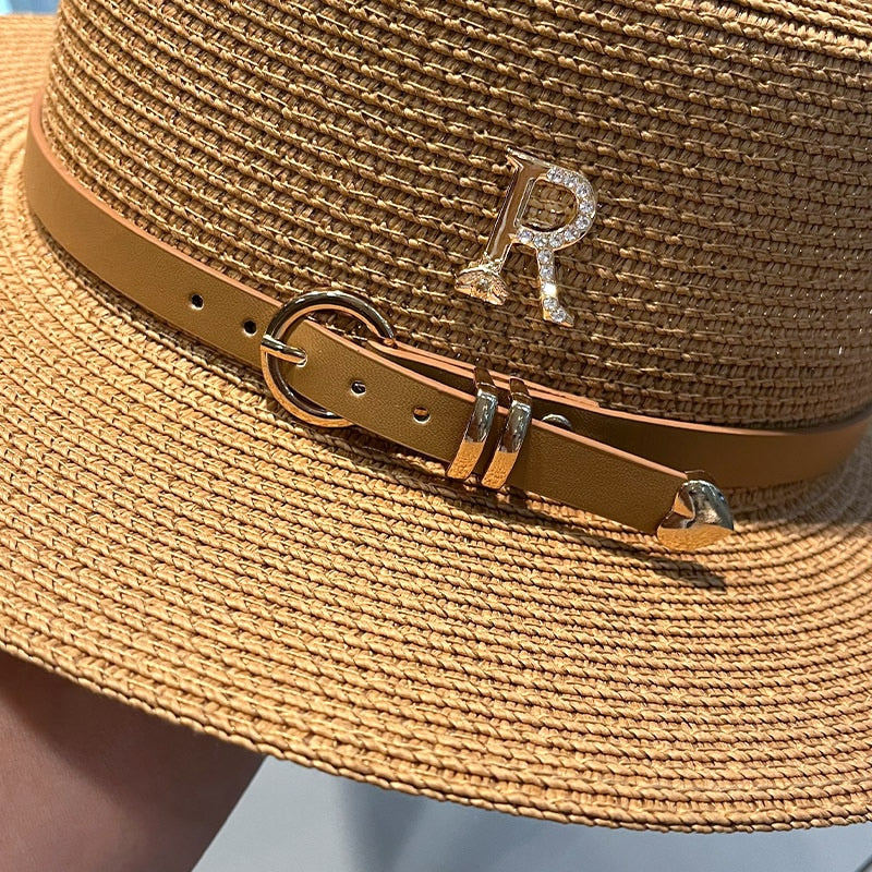 2023 New Metal R Letter Buckle Straw Hat Leisure Summer Sunscreen Hat Women's Fashionable Beach Hat Vintage Hat Church Hats