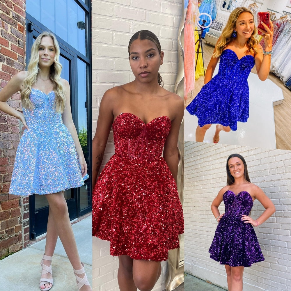Sequin Velvet Hoco Dress NYE Sweetheart Built-in Bone Short Lady Formal Homecoming Party Gown Club Night Cocktail Prom Gala