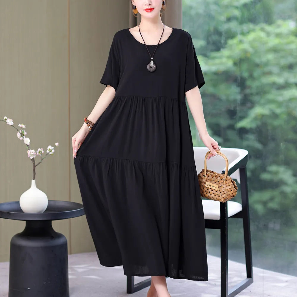 New Fashion Causal Summer Dresses For Women Loose Solid Long O-neck Dress Vintage Short Sleeve Womens Clothing Black