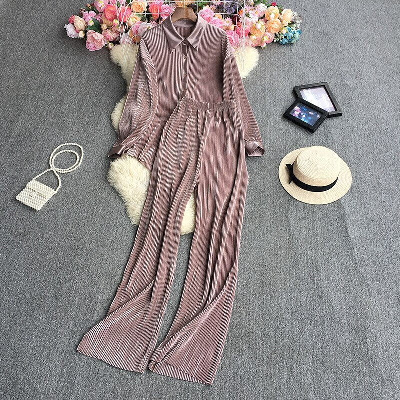 Casual Women Elegant Pleated Two Piece Set Long Sleeve Shirt And Wide Leg Pant Suits Loose Office Lady Outfits Autumn