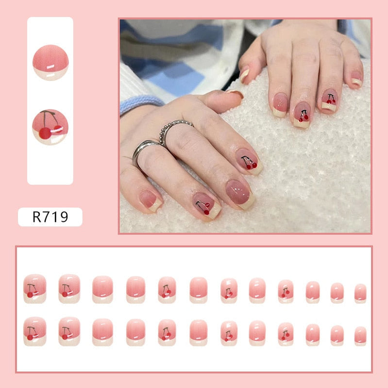 24Pcs/Box Sweet Short Round/Square Head False Nail Art Full Cover Detachable Artificial Fake Nails Ballerina Press on Nails Tips R719