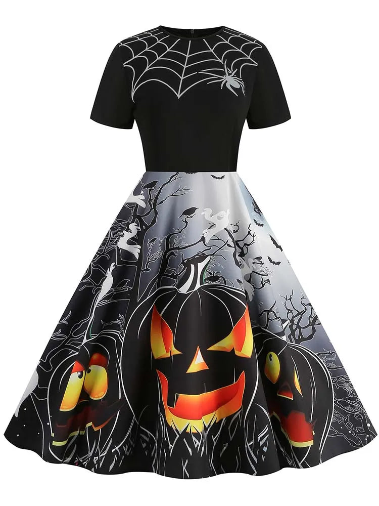 Women Halloween Costumes Dresses Short Sleeve Print Autumn Winter Vintage Party Dress Vestidos