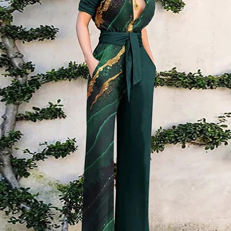 Print Jumpsuit Women Autumn and Spring New Fashion Long Sleeve Lapel Loose Casual Elegance Green Jumpsuits