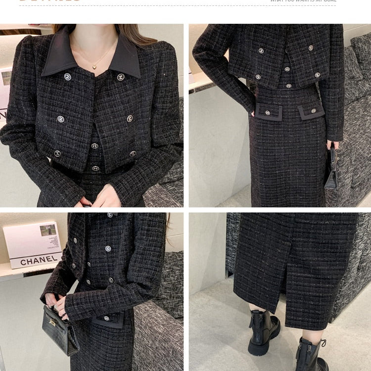 Luxury Tweed Two Piece Set Women Outfits Female Vintage Lapel Short Jacket Coat+Spaghetti Straps Dress Suit Fall Winter Woolen S