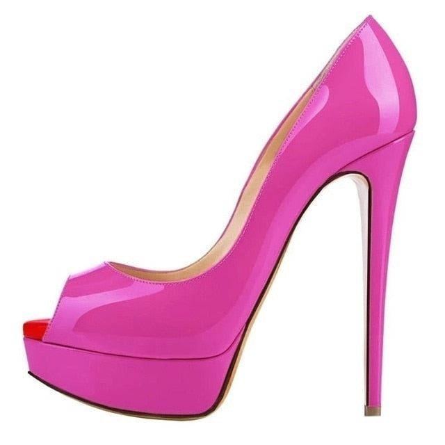 Women Pumps Sexy Platform Peep Toe 14cm Extremely High Heels Woman Patent Leather Nighclub Red Wedding Shoes Gradient Stiletto
