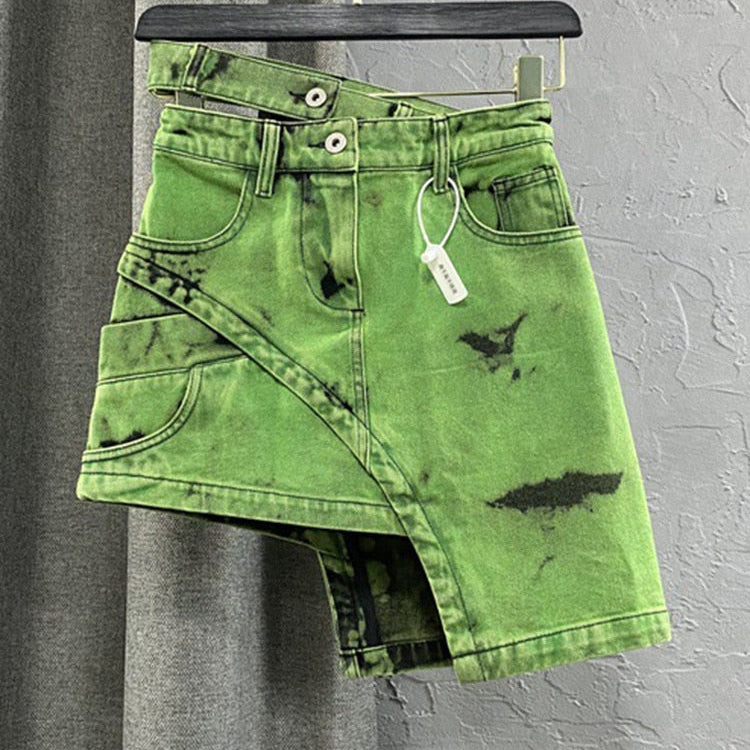 Fashion Women's Personalized Double Waist Design Green A-line Denim Skirt Asymmetric Hot Girl Short Skirts 2023