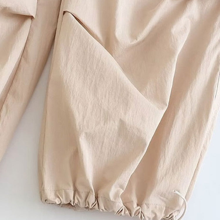 TRAF Women Fashion Side Pockets Pleats Knee Jogging Pants Vintage High Elastic Waist With Drawstring Female Trousers Mujer