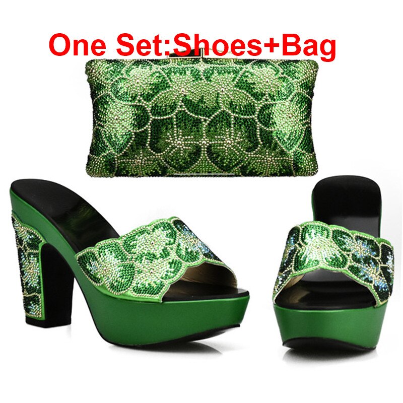 Latest Design Red Color Matching Women Shoes and Bag Set Decorated with Rhinestone African Shoe and Bag Set for Party In Women Green Shoes and Bag