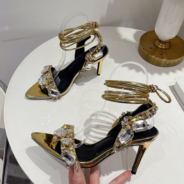 Sexy Ankle Strap Golded Sandals Women Party Nightclub Stripper Heels Crystal Diamond Pointed Toe Wedding Shoe 8.5CM Golden