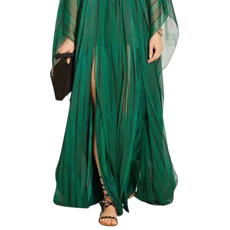 Freeacy Female 2023 New Deep V-Neck Long Sleeves Loose Dress Striped Split-Front Maxi Dresses For Women Elegant Party Dress