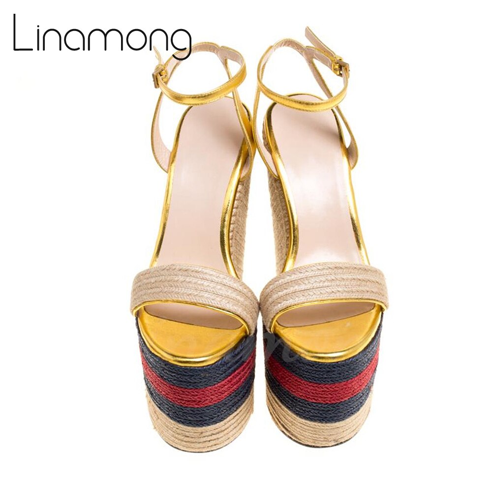 Metallic Gold Leather Espadrille Wedge Sandals Platform Ankle Strap Summer Sandals Color Block Round Toe Super High Heel Sandals