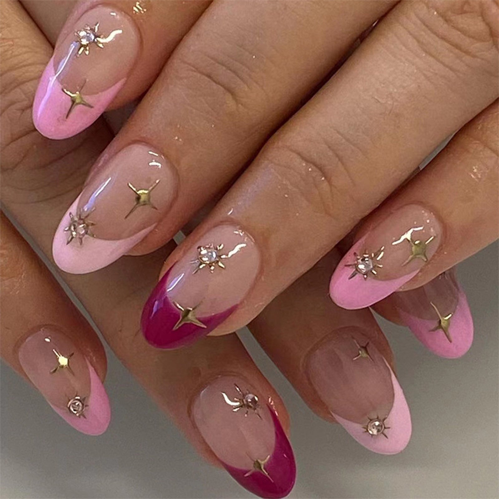 24pcs/box Fake French y2k Nails Press On Long Stiletto Almond Shape Wearable False Nails With Stars Designs Full Cover Nail Tips style25