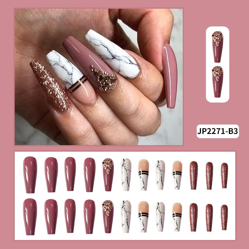 Glossy Pink Wearable Nail Art Blue Rhinestone Extra Long Ballet Detachable Finished False Nails Press on Nails with Glue MT587JP2271B3