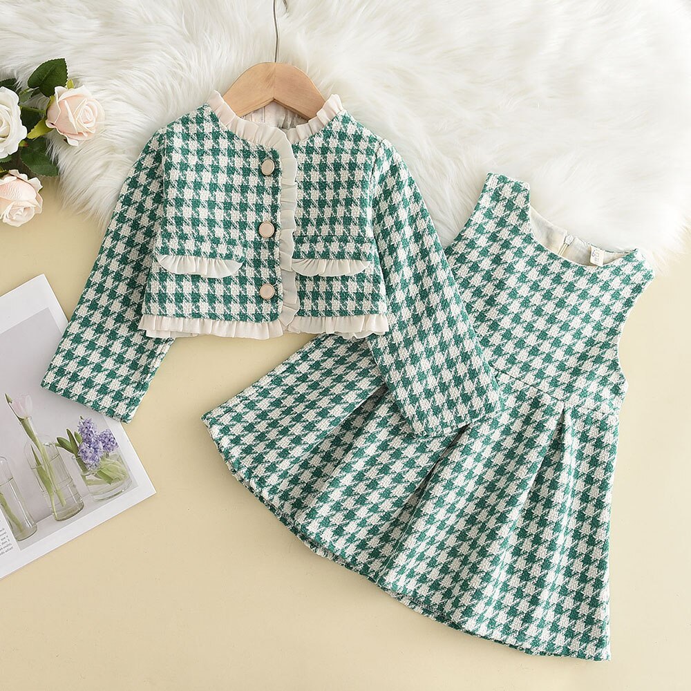 Leader Fashion Kids Girls Princess 2pcs Clothes Set Autumn Winter Children Coat Outwear+Skirts Vintage Outfits Suit 2-12Y AX2392green
