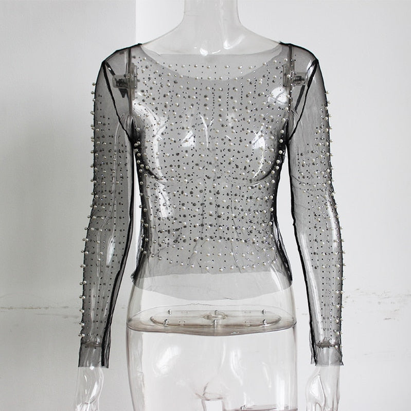 Sexy See Through T Shirt Women Mesh Patchwork Diamonds Pearl Slim T-Shirts Elegant Crop Tops Female 2023 Spring Clothes