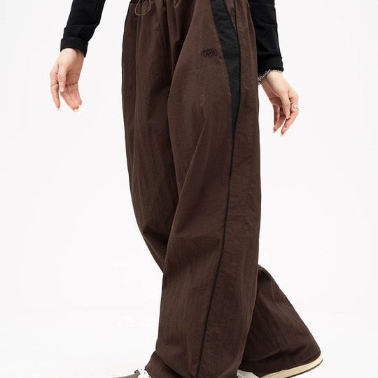 Women Spring Retro Solid Loose Drawstring Trousers Casual Joggers Baggy Wide Leg Sweatpants Mid Waist Sporty Y2k Female Clothes brown
