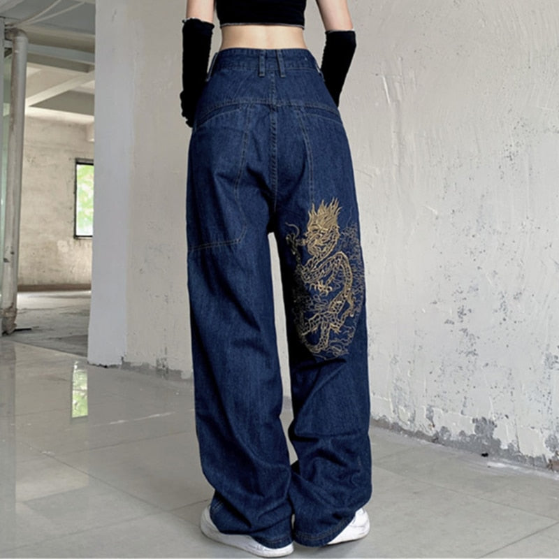 Pocket Solid Color Overalls Jeans Women's Y2K Street Retro Loose Wide-Leg Overalls Couple Casual Joker Mopping Jeans Pants Women