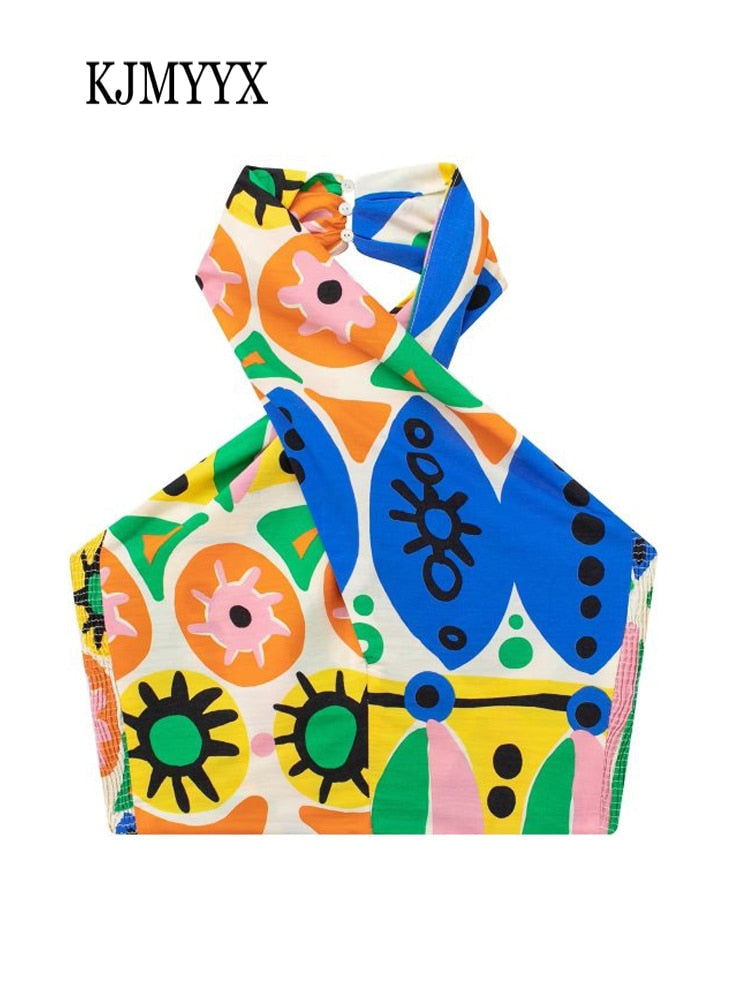 KJMYYX 2023 Fashion Summer Print Skirt Sets For Women Female Causal Halter Sleeveless Camisole Tops A-Line Mid-Calf Skirt