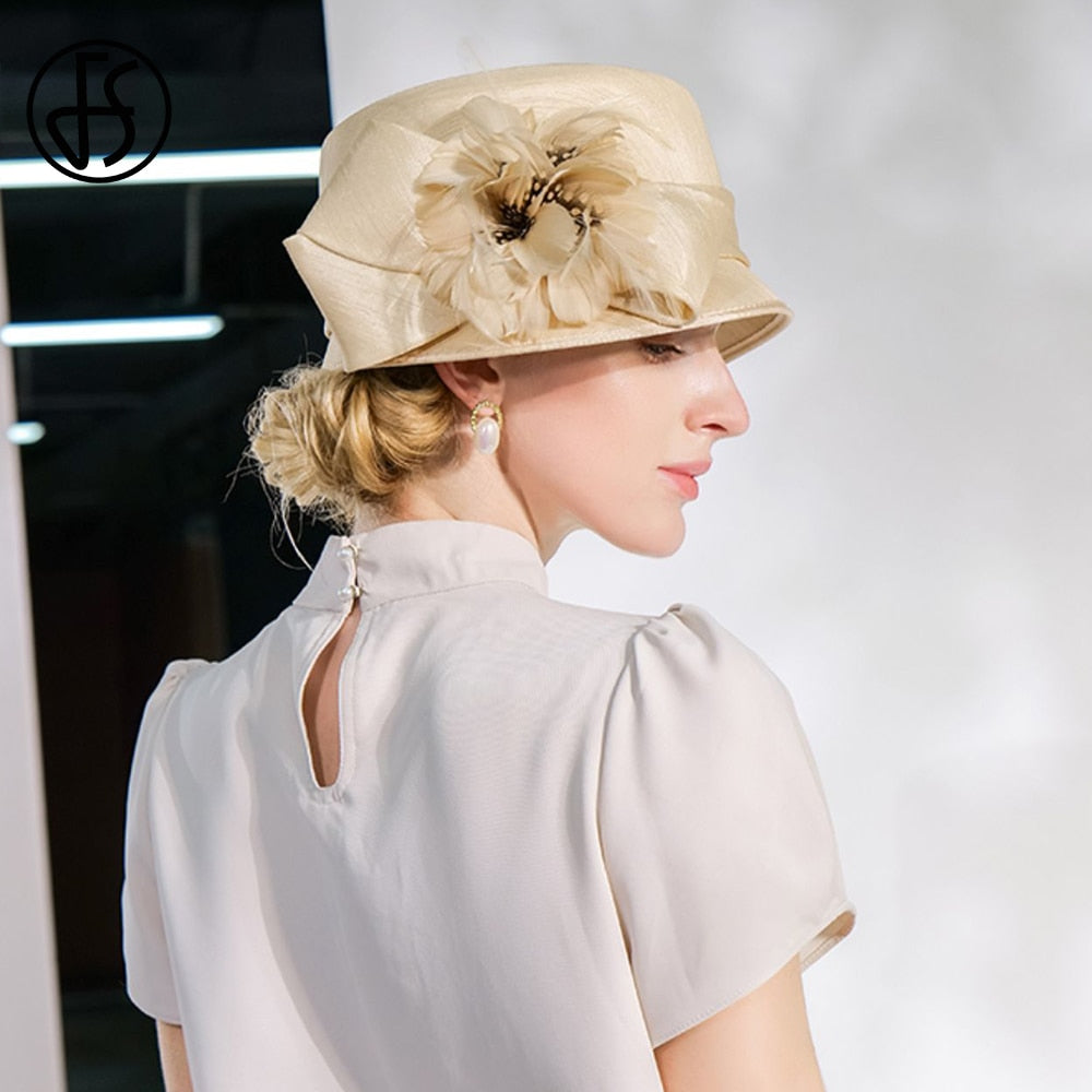 FS 2023 Luxury Woman Sun Hat Wedding Ceremony Fashion Elegant Millinery Tea Party Bowler Cap Flower Feather Bucket Hats Female