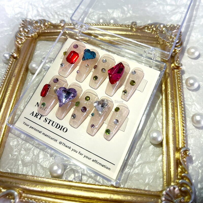 Colorful Glittery Rhinestone Press On Nails Y2K Handmade Long CoffinFalse NailsTips Reusable Fake Nail With Glue Manicure Gift