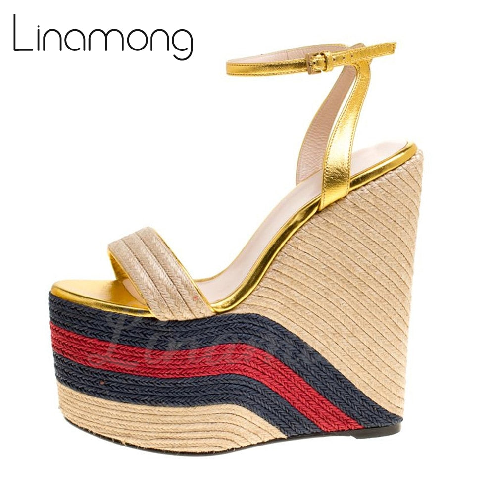 Metallic Gold Leather Espadrille Wedge Sandals Platform Ankle Strap Summer Sandals Color Block Round Toe Super High Heel Sandals