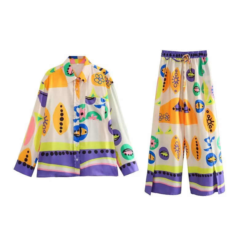Woman Shirts Pants Sets New Summer Geometric Print Loose Long sleeved Shirts Fashion Elastic Waist Wide Leg Pants Outfits 2 piece sets-Multi