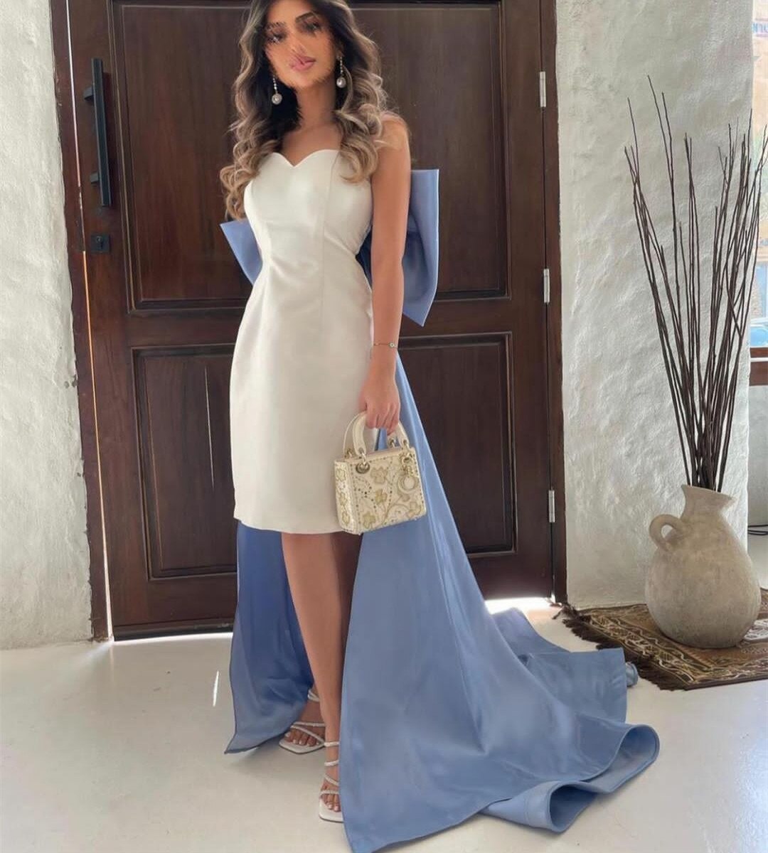Women's White Satin Evening Dresses with Bow Train فساتين السهرة Sweetheart Mermaid Cocktail Hoco Dress for Musilm vestidos