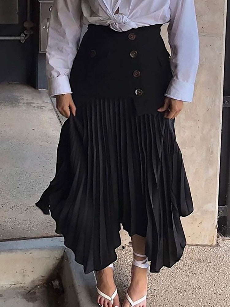 Fashion Women's Skirt High Waist Spliced Single Breasted Pleated Irregular Solid Color Long Skirts Spring 2023 New 17A6142