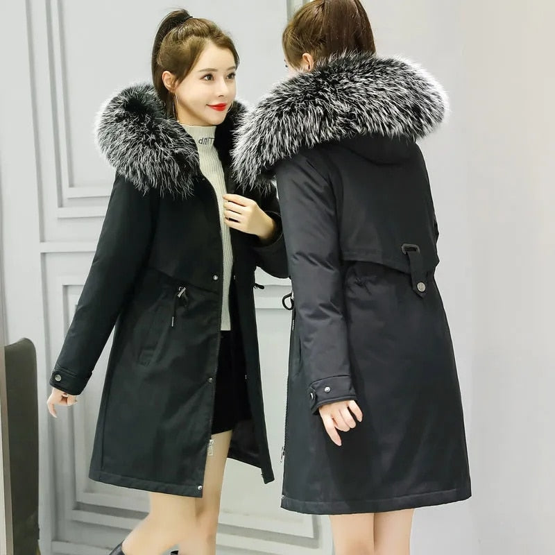 Fashion Long Winter Coat Women Clothing Wool Liner Hooded Parkas Slim With Fur Collar Warm Winter Jacket Women 6XL Black