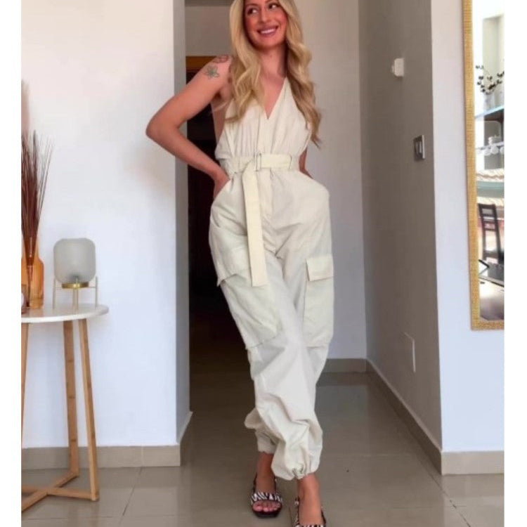 Summer Women Fashion Safari Style Halter Jumpsuit Sexy V-Neck Backless Stretch High Waist Jumpsuits Female Solid Pocket Bodysuit