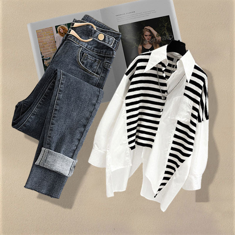 Spring and Autumn Set Women's New Dress Western Shirt Top Versatile Jeans Two Piece Y2k Clothes Women's Pants