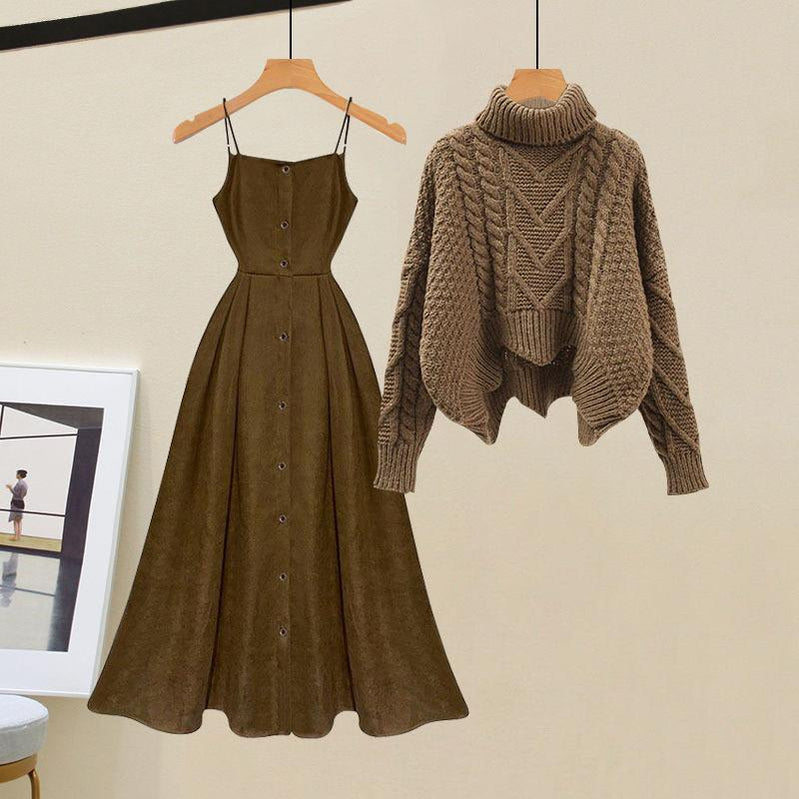 Women's Spring Autumn Single/outfits New Age Reducing Slim Covering Sweater with Waist Wrapped Dress Two Piece Set Set-01