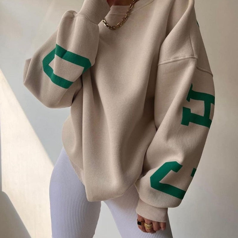 Women Casual Sweatshirts Fashion Letters Print O Neck Long Sleeve Pullovers Tops Vintage Loose Autumn Y2k Hoodies Streetwear