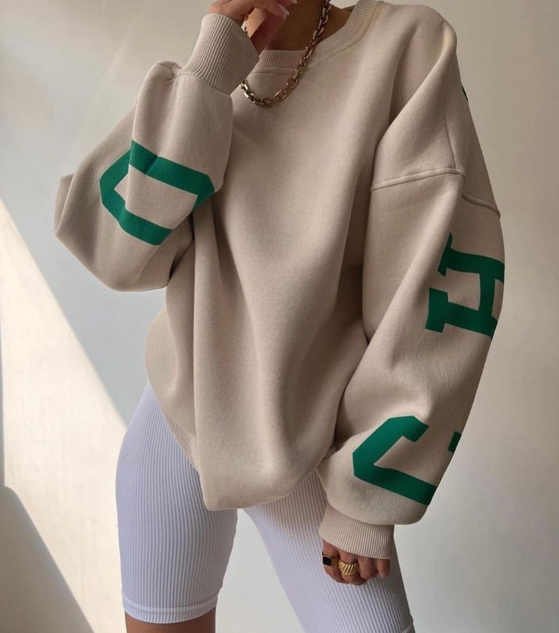 Women Casual Sweatshirts Fashion Letters Print O Neck Long Sleeve Pullovers Tops Vintage Loose Autumn Y2k Hoodies Streetwear
