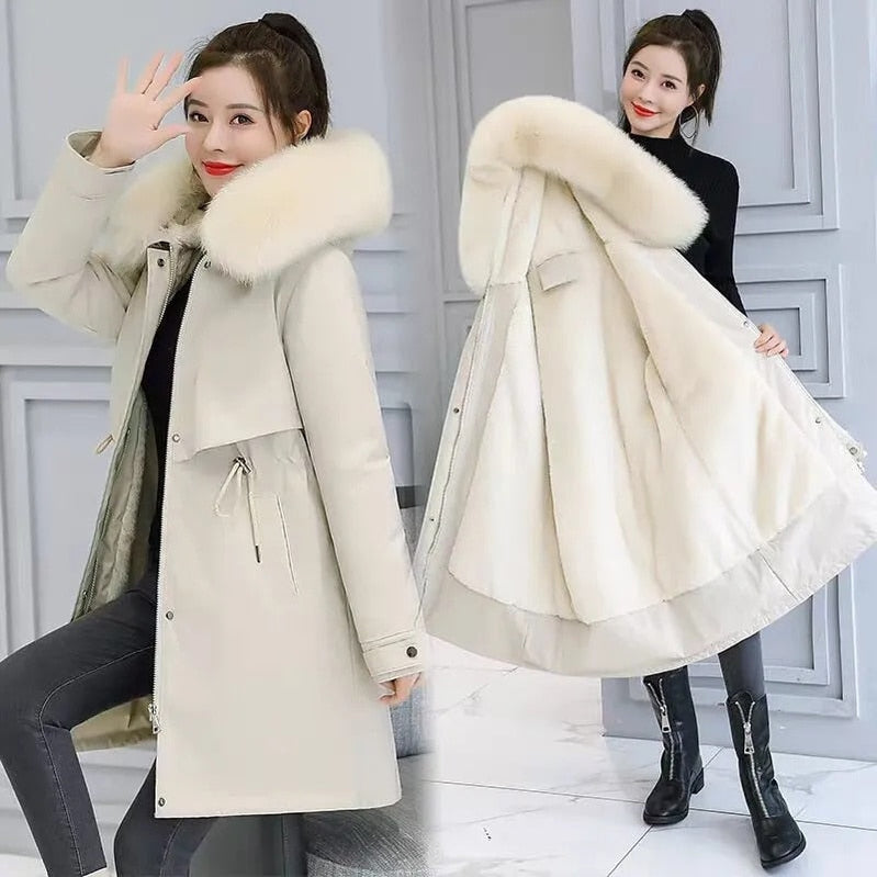 Fashion Long Winter Coat Women Clothing Wool Liner Hooded Parkas Slim With Fur Collar Warm Winter Jacket Women 6XL creamy white