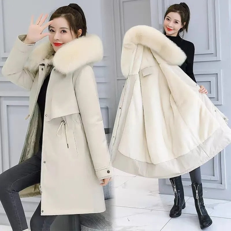 Fashion Long Winter Coat Women Clothing Wool Liner Hooded Parkas Slim With Fur Collar Warm Winter Jacket Women 6XL creamy white